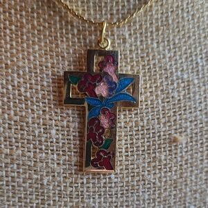 Floral Enamel Cross Pendant Necklace - Gold with Blue & Pink Accents